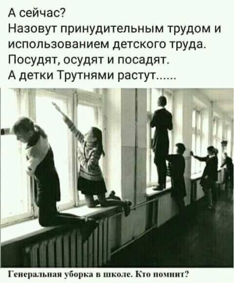 А сейчас?\nНазовут принудительным трудом и использованием детского труда.\nПосудят, осудят и посадят.\nА детки Трутнями растут.......\n\nГенеральная уборка в школе. Кто помнит?