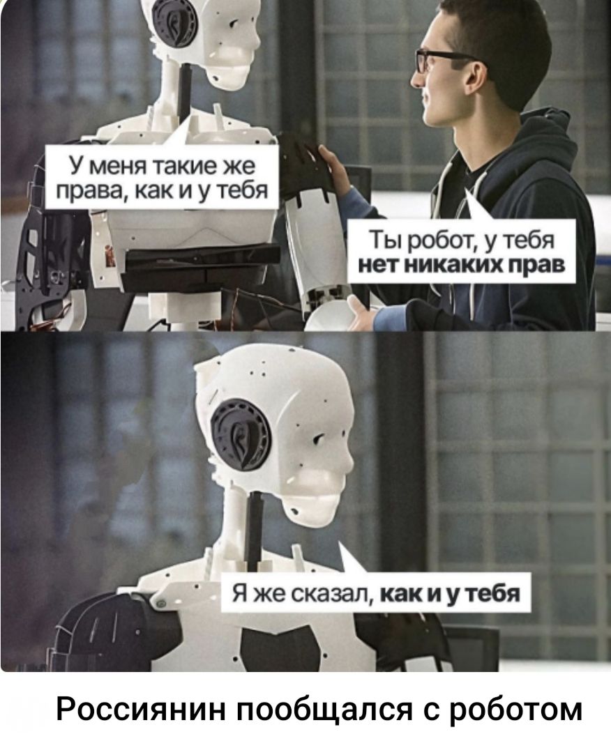 У меня такие же права, как и у тебя
Ты робот, у тебя нет никаких прав
Я же сказал, как и у тебя
Россиянин пообщался с роботом