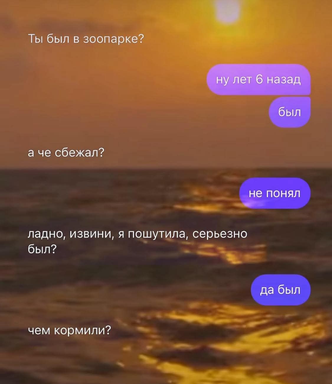 Ты был в зоопарке?
ну лет 6 назад
был
а че сбежал?
не понял
ладно, извини, я пошутила, серьёзно был?
да был
чем кормили?