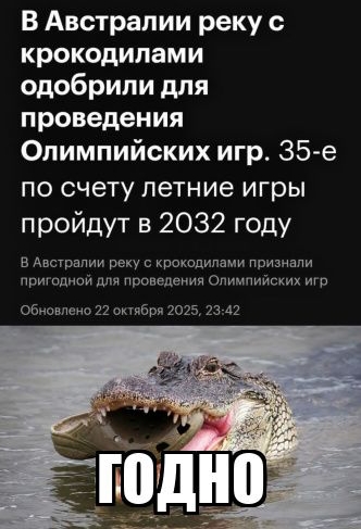 В Австралии реку с крокодилами одобрили для проведения Олимпийских игр. 35-е по счету летние игры пройдут в 2032 году\nВ Австралии реку с крокодилами признали пригодной для проведения Олимпийских игр\nОбновлено 22 октября 2025, 23:42\nгодно