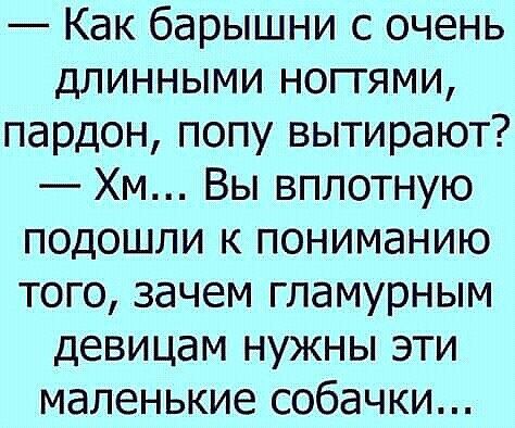 — Как барышни с очень длинными ногтями, пардон, попу вытирают? — Хм... Вы вплотную подошли к пониманию того, зачем гламурным девушкам нужны эти маленькие собачки...