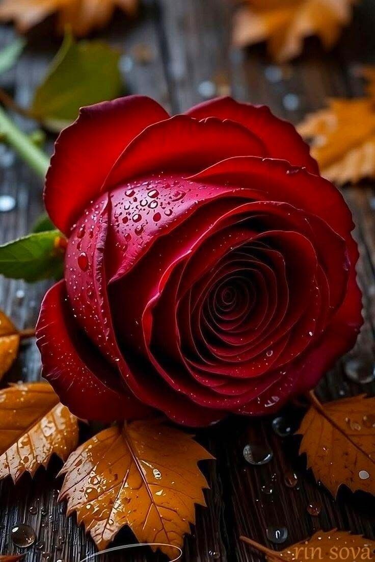 Красная роза на фоне осенних листьев.