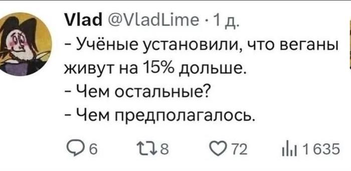 - Учёные установили, что веганы живут на 15% дольше.
- Чем остальные?
- Чем предполагалось.