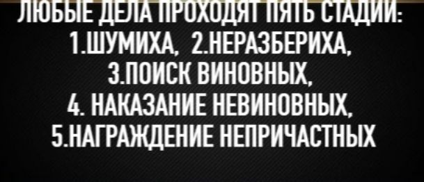 ЛЮБЫЕ ДЕЛА ПРОХОДЯТ ПЯТЬ СТАДИЙ: 1. ШУМИХА, 2. НЕРАЗБЕРИХА, 3. ПОИСК ВИНОВНЫХ, 4. НАКАЗАНИЕ НЕВИНОВНЫХ, 5. НАГРАЖДЕНИЕ НЕПРИЧАСТНЫХ