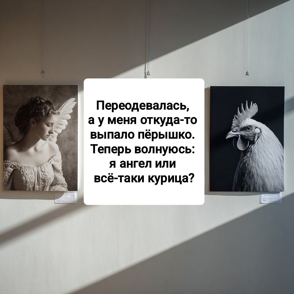 Переодевалась, а у меня откуда-то выпало пёрышко. Теперь волнуюсь: я ангел или всё-таки курица?