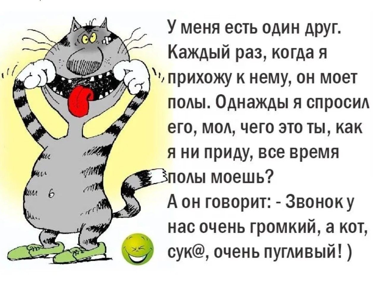 У меня есть один друг. Каждый раз, когда я прихожу к нему, он моет полы. Однажды я спросил его, мол, чего это ты, как я ни приду, все время полы моешь? А он говорит: - Звонок у нас очень громкий, а кот, сук@, очень пугливый!