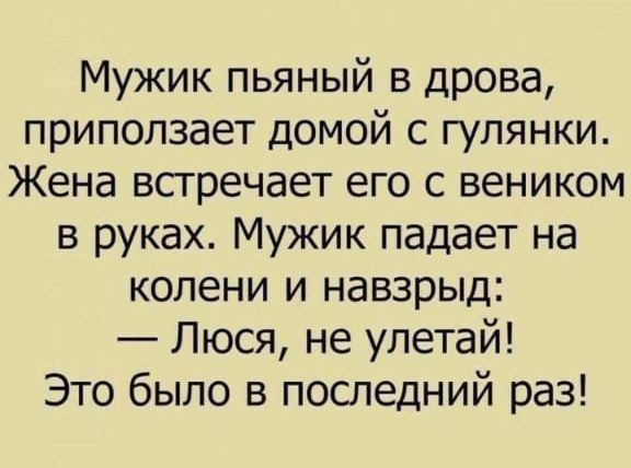 Мужик пьяный в дрова, приползает домой с гулянки. Жена встречает его с веником в руках. Мужик падает на колени и навзвод: — Люся, не улетай! Это было в последний раз!