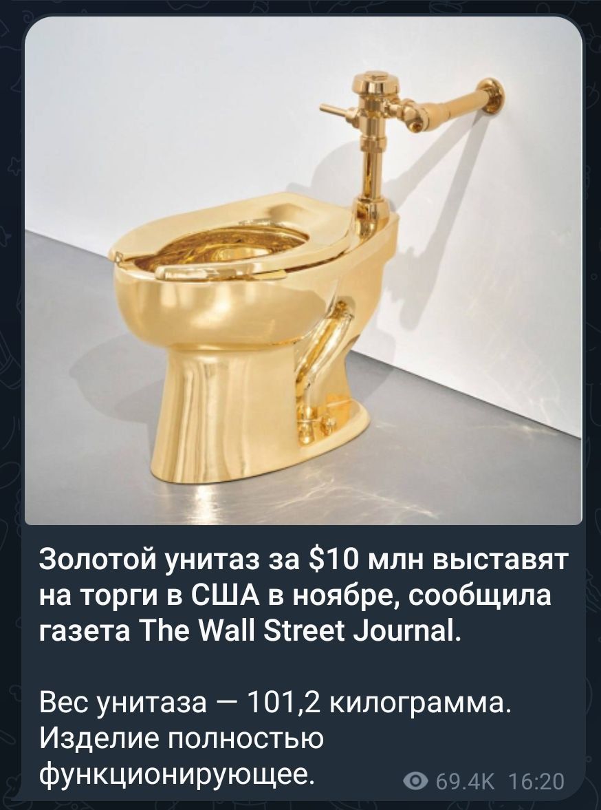 Золотой унитаз за $10 млн выставят на торги в США в ноябре, сообщила газета The Wall Street Journal. Вес унитаза — 101,2 килограмма. Изделие полностью функционирующее.