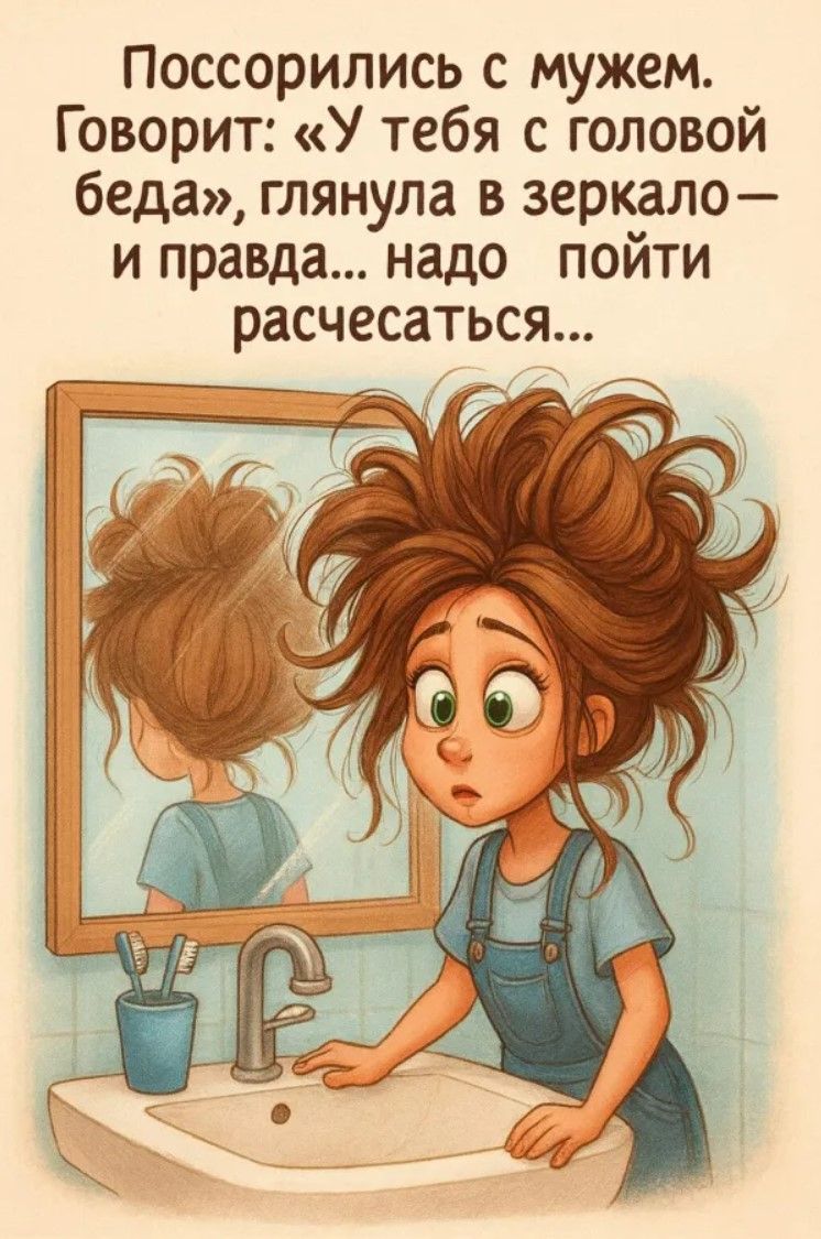 Поссорились с мужем. Говорит: «У тебя с головой беда», глянула в зеркало — и правда... надо пойти расчесаться...