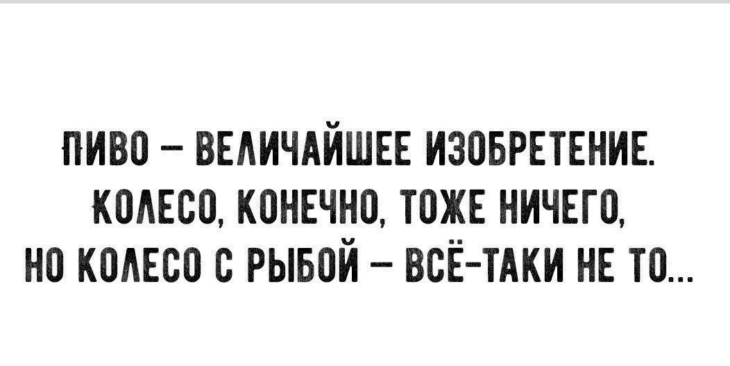 ПИВО – ВЕЛИЧАЙШЕЕ ИЗОБРЕТЕНИЕ. КОЛЕСО, КОНЕЧНО, ТОЖЕ НИЧЕГО, НО КОЛЕСО С РЫБОЙ – ВСЁ-ТАКИ НЕ ТО…