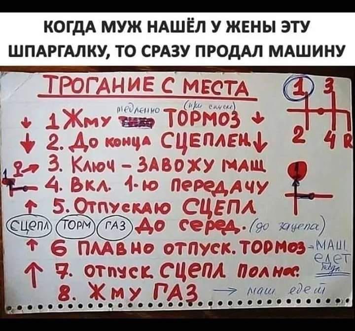 КОГДА МУЖ НАШЁЛ У ЖЕНИ ЭТУ ШПАГАЛКУ, ТО СРАЗУ ПРОДАЛ МАШИНУ
ТРОГАНИЕ С МЕСТА
1. ЖМУ ТОРМОЗ
2. ДО КОНЦА СЦЕПЛЕНИЯ
3. КЛЮЧ — ЗАВОЖУ МАШИНУ
4. ВКЛ. 1-ю ПЕРЕДАЧУ
5. ОТПУСКАЮ СЧЕПЛЕНИЕ ДО СЕРЕДИНЫ
6. ПЛАВНО ОТПУСК. ТОРМОЗ
7. ОТПУСК СЦЕПЛ. ПОЛНА
8. ЖМУ ГАЗ
