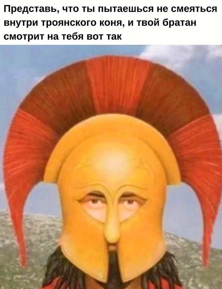 Представь, что ты пытаешься не смеяться внутри троянского коня, и твой братан смотрит на тебя вот так