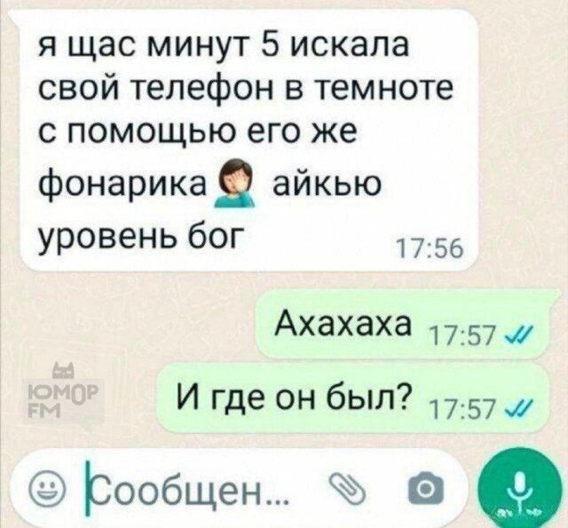 Я щас минут 5 искала свой телефон в темноте с помощью его же фонарика айкью уровень бог
Ахахаха
И где он был?