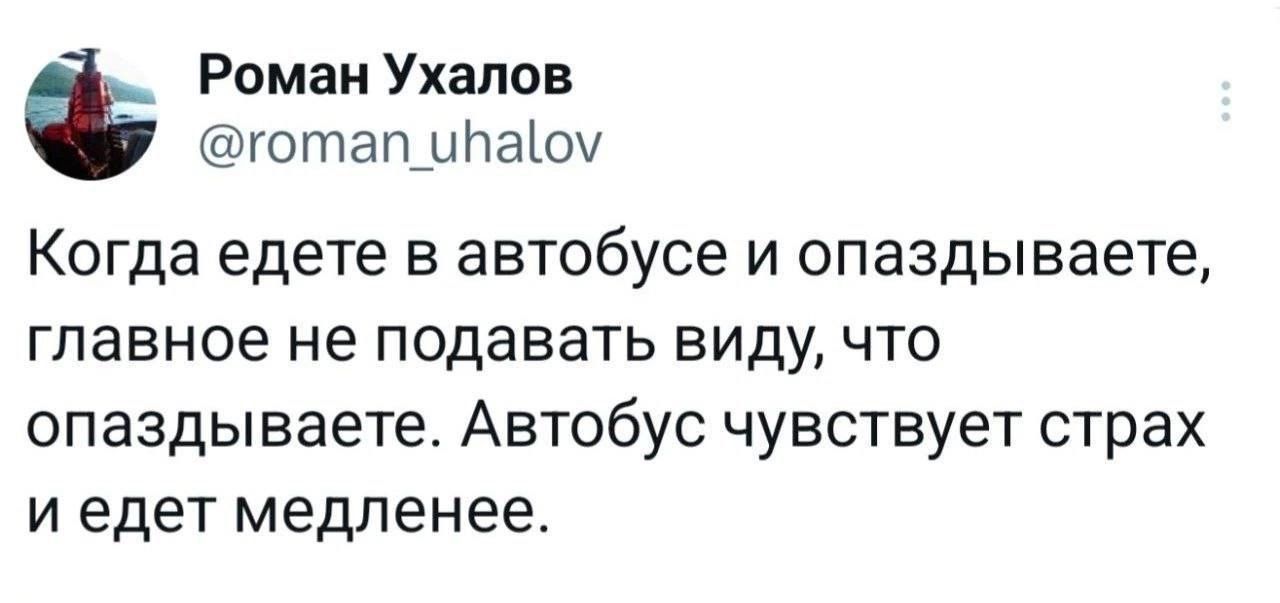 Когда едете в автобусе и опаздываете, главное не подавать виду, что опаздываете. Автобус чувствует страх и идёт медленнее.