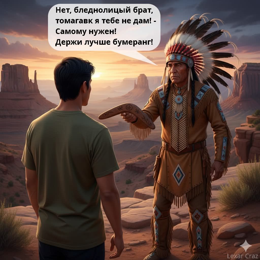 Нет, бледнолицый брат, томагавак у тебя не дам! - Самому нужен! Держи лучше бумеранг!