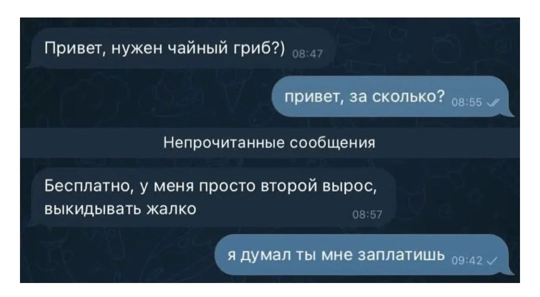 Привет, нужен чайный гриб? 08:47
привет, за сколько? 08:55
Непрочитанные сообщения
Бесплатно, у меня просто второй вырос, выкидывать жалко 08:57
я думал ты мне заплатишь 09:42