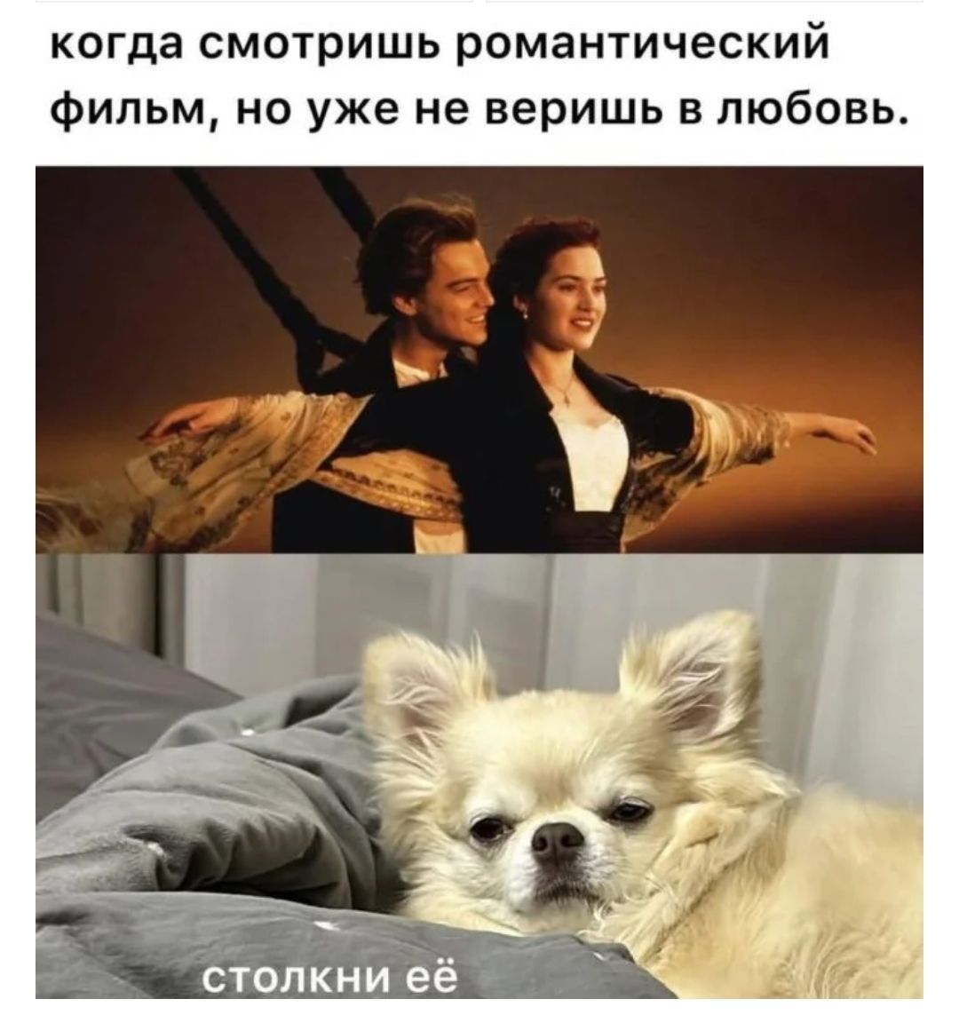 когда смотришь романтический фильм, но уже не веришь в любовь. 
столкни её