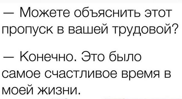 — Можете объяснить этот пропуск в вашей трудовой?\n— Конечно. Это было самое счастливое время в моей жизни.