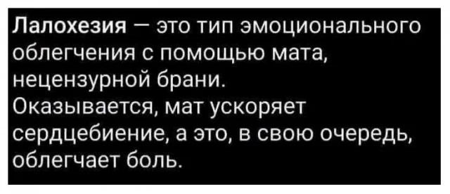Лалохезия — это тип эмоционального облегчения с помощью мата, нецензурной брани. Оказывается, мат ускоряет сердцебиение, а это, в свою очередь, облегчает боль.