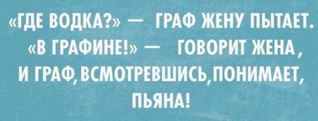 «ГДЕ ВОДКА?» — ГРАФ ЖЕНУ ПЫТАЕТ. «В ГРАФИНЕ!» — ГОВОРИТ ЖЕНА, И ГРАФ, ВСМОТРЕВШИСЬ, ПОНИМАЕТ, ПЬЯНА!