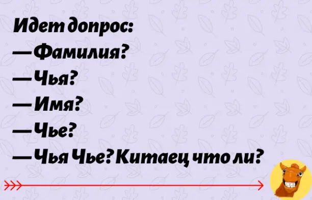 Идет допрос:
— Фамилия?
— Чья?
— Имя?
— Чье?
— Чья Чье? Китaец что ли?