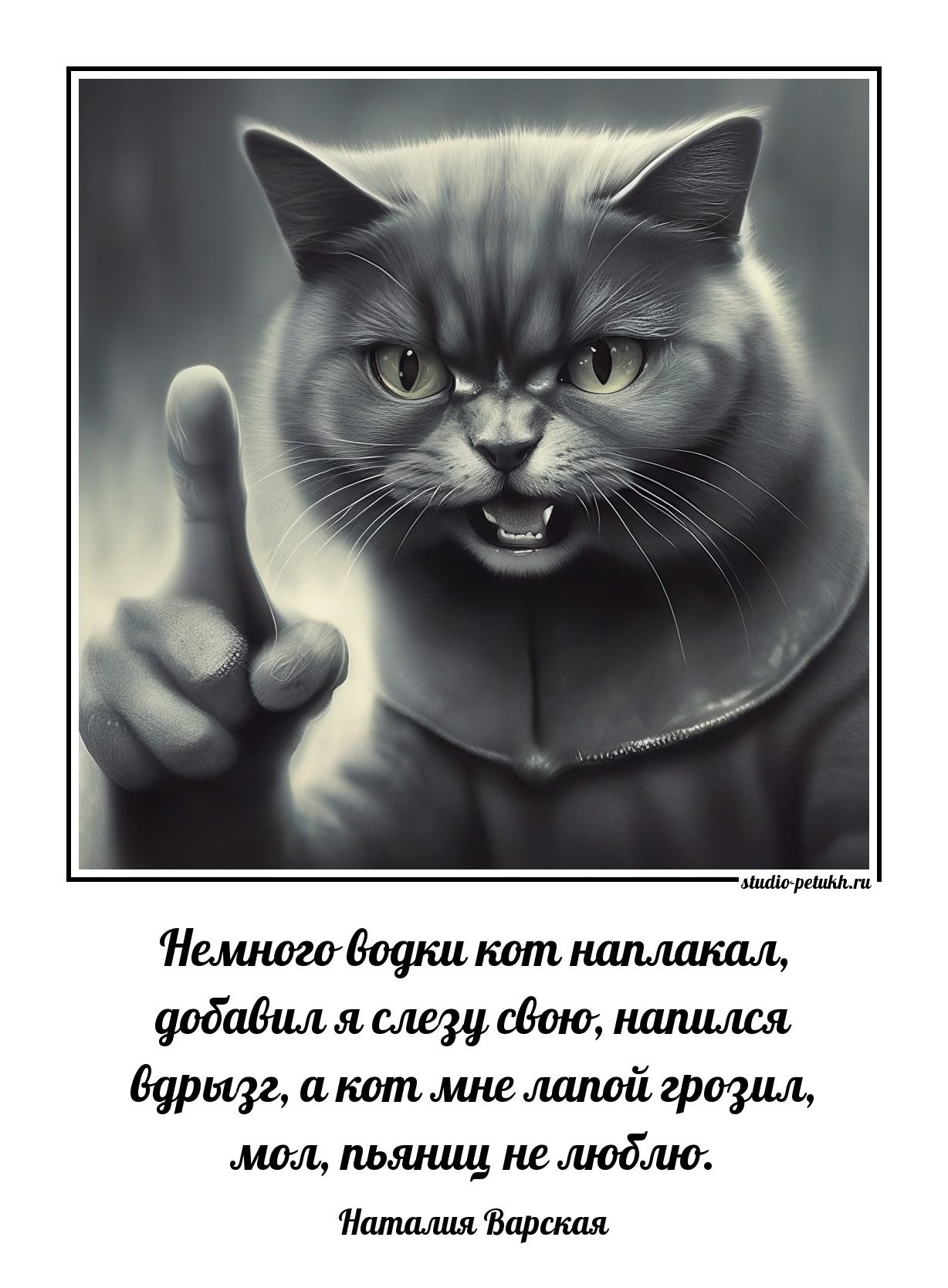 Немного водки кот наплакал,
добыл я слезу свою, напился
выпрызг, а кот мне лапой грозил,
мол, пьяниц не люблю.
Наталия Варская