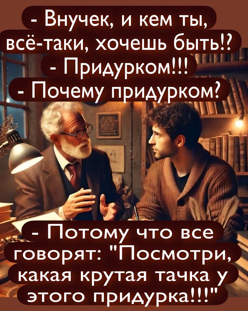 - Внучек, и кем ты, всё-таки, хочешь быть!?
- Придурком!!!
- Почему придурком?
- Потому что все говорят: 