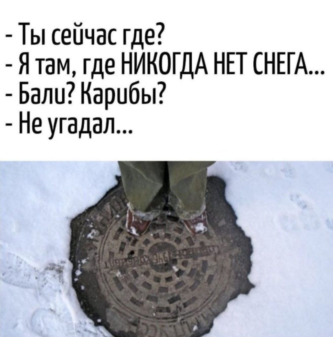 - Ты сейчас где?
- Я там, где НИКОГДА НЕТ СНЕГА...
- Бал? Каробы?
- Не угадал...