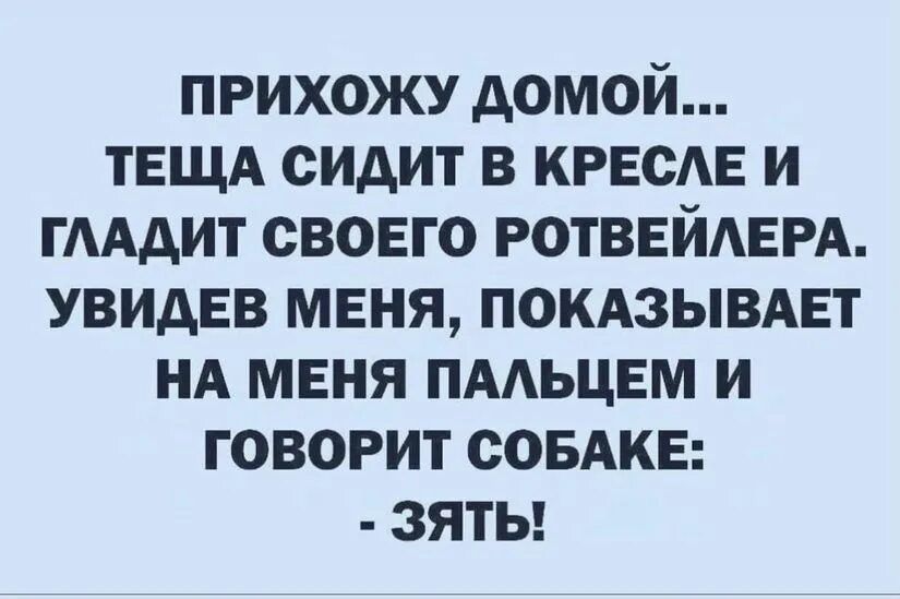 ПРИХОЖУ ДОМОЙ... ТЕЩА СИДИТ В КРЕСЛЕ И ГЛАДИТ СВОЕГО РОТВЕЙЛЕРА, УВИДЕВ МЕНЯ, ПОКАЗЫВАЕТ НА МЕНЯ ПАЛЬЦЕМ И ГОВОРИТ СОБАКЕ: - ЗЯТЬ!