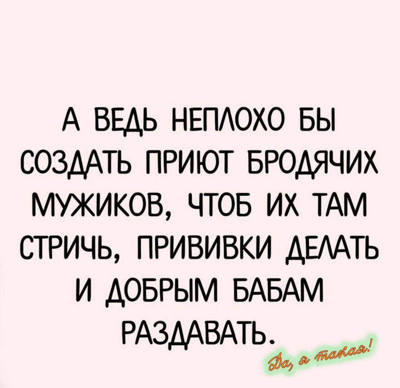 А ведь неплохо бы создать приют бродячих мужиков, чтоб их там стричь, прививки делать и добрым бабам раздавать.