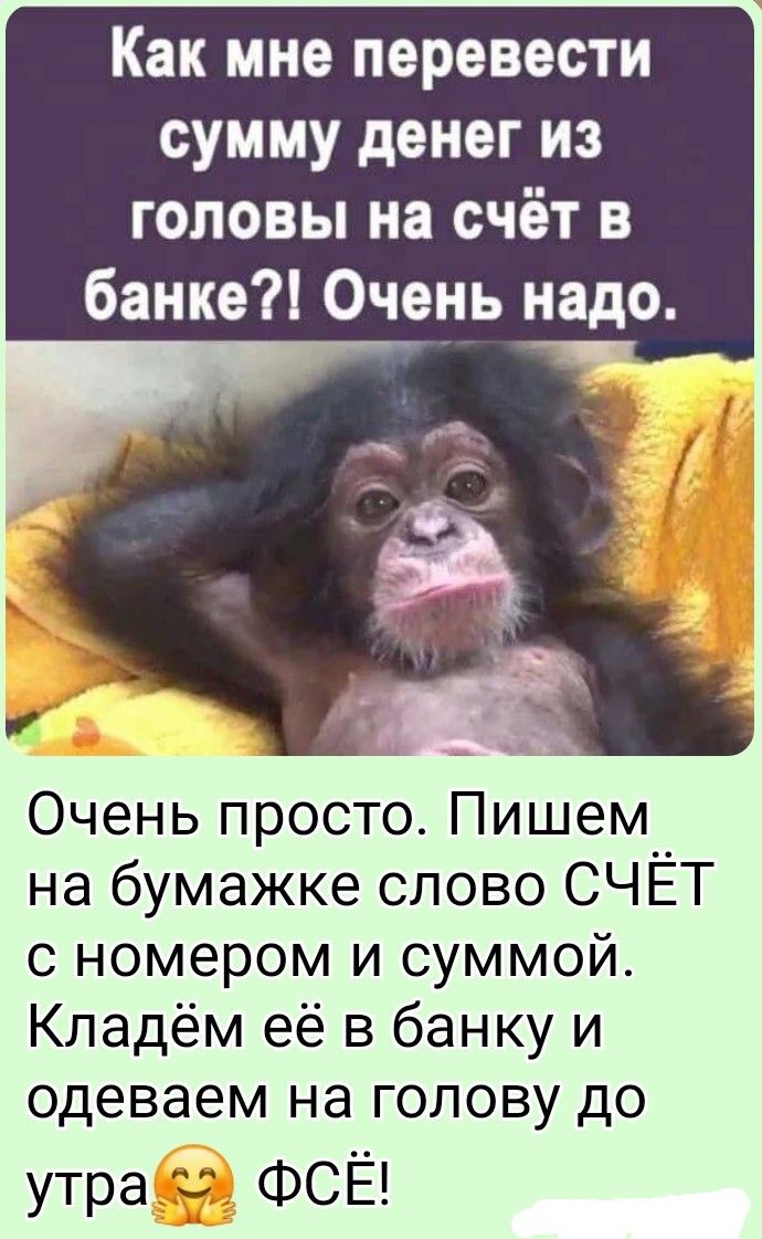 Как мне перевести сумму денег из головы на счёт в банке?! Очень надо.
Очень просто. Пишем на бумажке слово СЧЁТ с номером и суммой. Кладём её в банку и одеваем на голову до утра 🫶 ФСЁ!