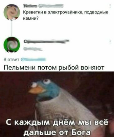 Креветки в электрошайнике, подводные камни?
Пельмени потом рыбой воняют
С каждым днём мы всё дальше от Бога