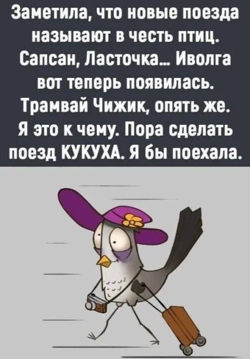Заметила, что новые поезда называют в честь птиц. Сапсан, Ласточка... Иволга вот теперь появилась. Трамвай Чижик, опять же. Я это к чему. Пора сделать поезд КУКУХА. Я бы поехала.