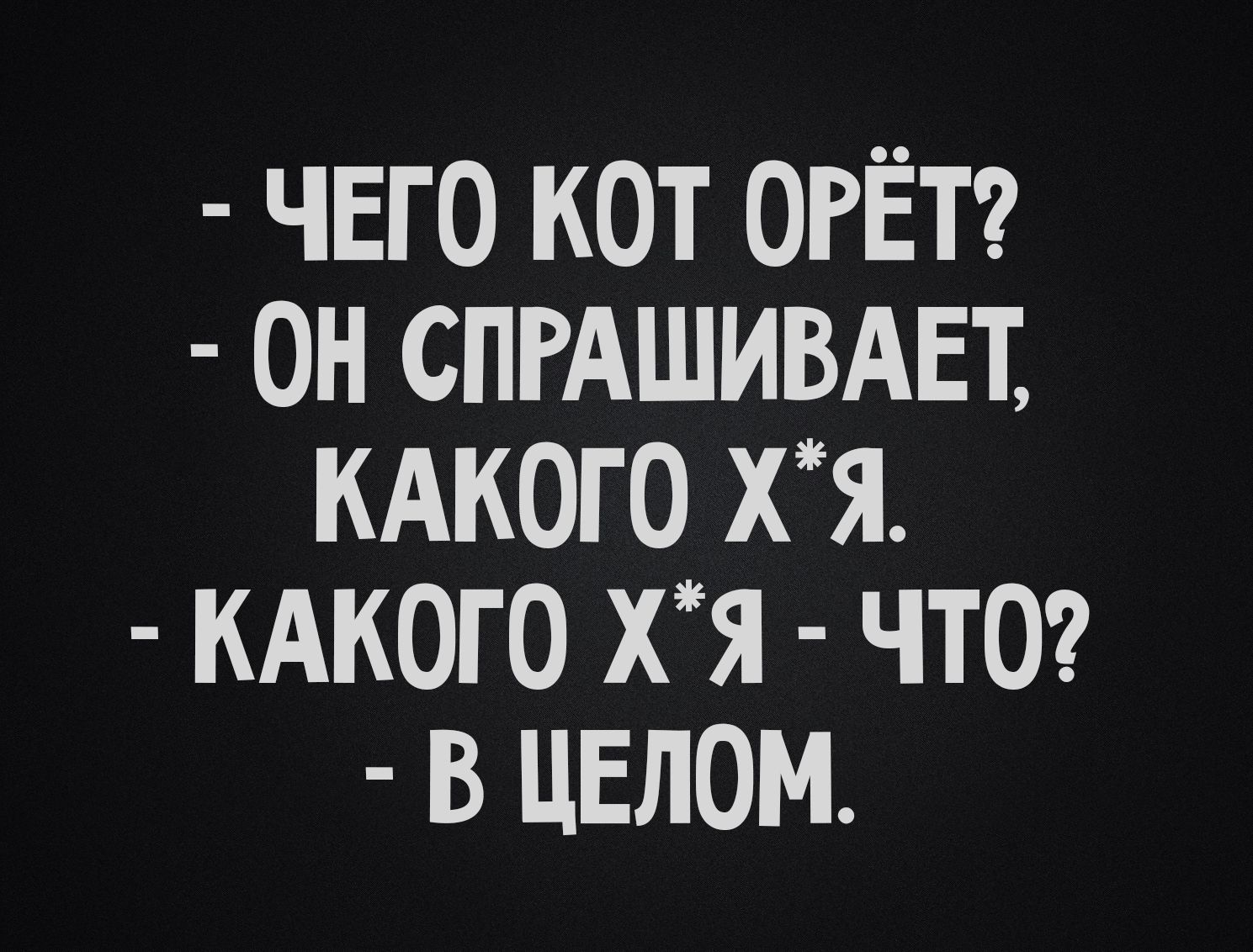 - ЧЕГО КОТ ОРЁТ?
- ОН СПРАШИВАЕТ, КАКОГО Х*Я.
- КАКОГО Х*Я - ЧТО?
- В ЦЕЛОМ.