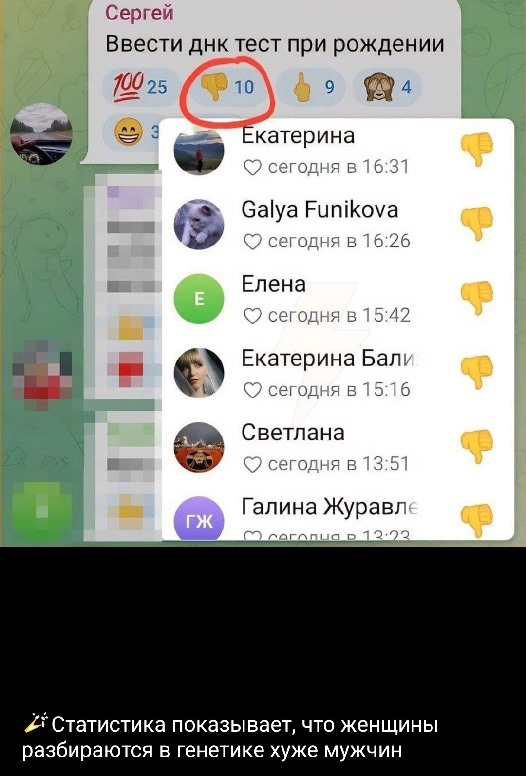 Сергей
Ввести днк тест при рождении
💯 25 👎 10 👍 9 🙈 4
Екатерина
Galya Funikova
Елена
Екатерина Балий
Светлана
Галина Журавлевa
Статистика показывает, что женщины разбираются в генетике хуже мужчин