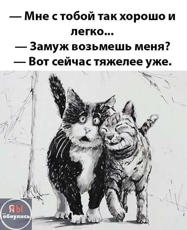 — Мне с тобой так хорошо и легко... 
— Замуж возьмешь меня? 
— Вот сейчас тяжелее уже.