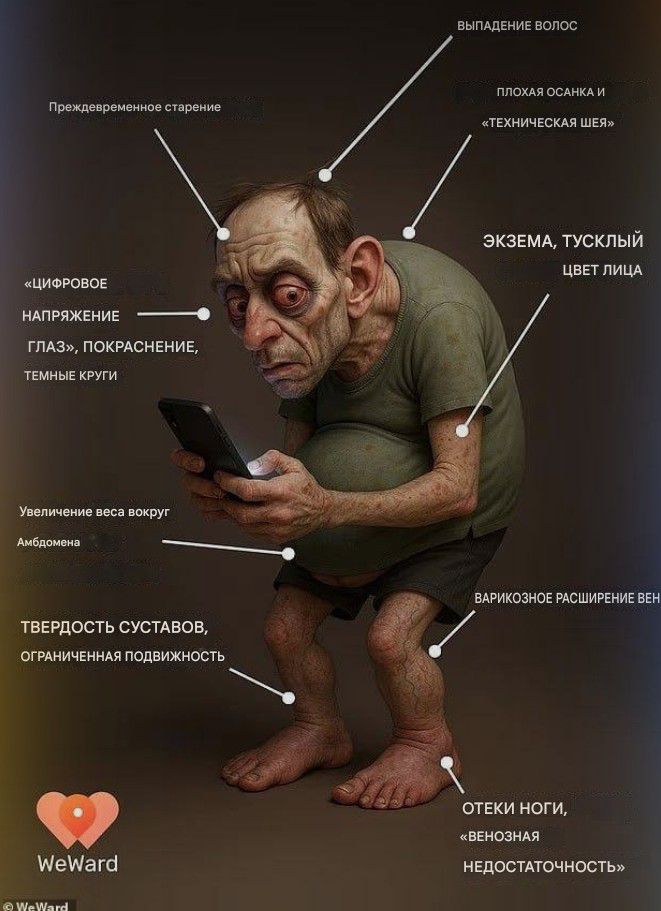 Преждевременное старение
Цифровое напряжение глаз, покраснение, темные круги
Выпадение волос
Прокаченная осанка и «техническая шея»
Экзема, тусклый цвет лица
Увеличение веса вокруг талии
Твердость суставов, ограниченная подвижность
Варикозное расширение вен
Отеки ног, «венозная недостаточность»
