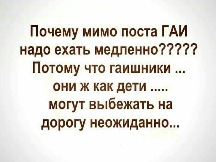 Почему мимо поста ГАИ надо ехать медленно????? Потому что гаишники ... они ж как дети ..... могут выебать на дорогу неожиданно...