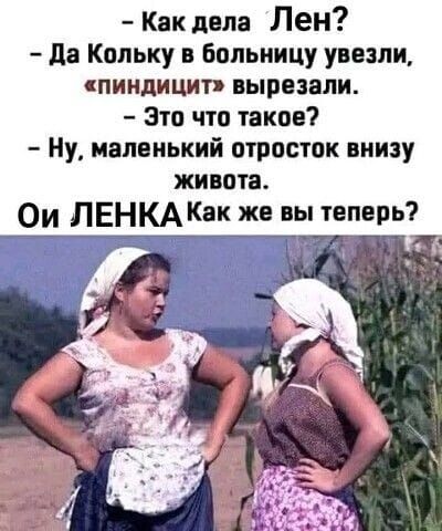 - Как дела Лен?
- Да Кольку в больницу увезли, «пиндИц» вырезали.
- Это что такое?
- Ну, маленький отросток внизу живота.
Ои ЛЕНКа Как же вы теперь?
