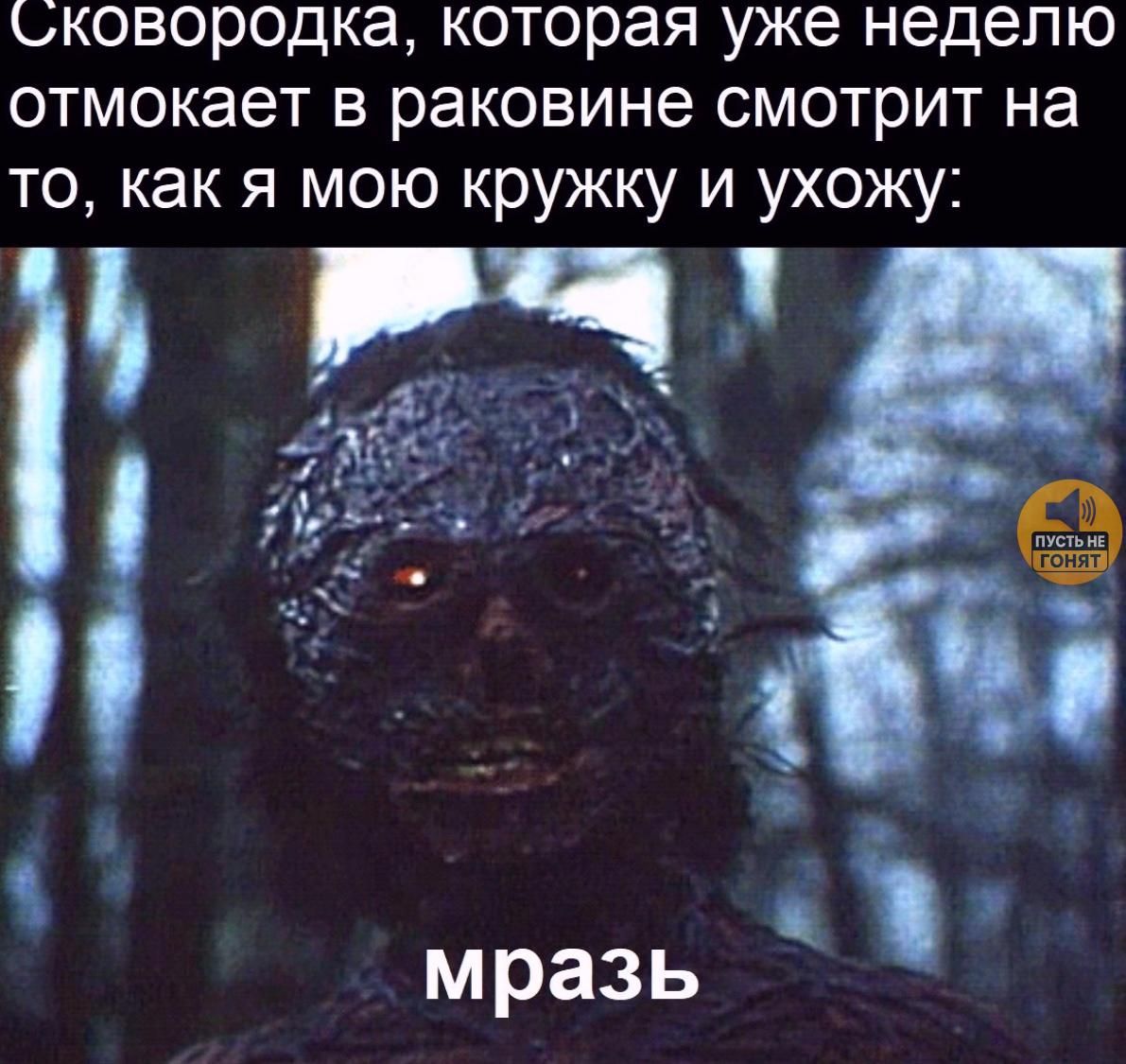 Сковородка, которая уже неделю отмокает в раковине смотрит на то, как я мою кружку и ухожу:
мразь