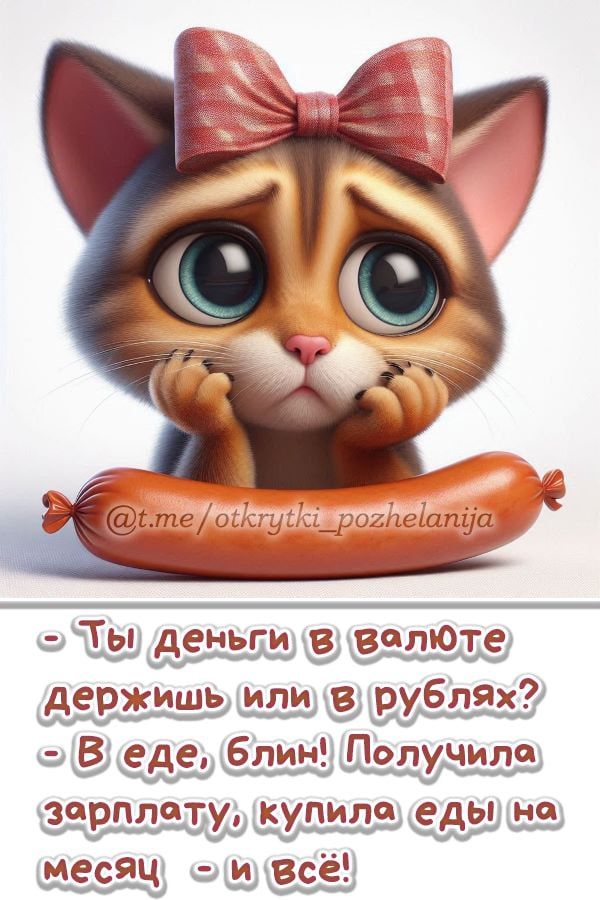 - Ты деньги в валюте держишь или в рублях?\n- В еде, блин! Получила зарплату, купила еды на месяц - и всё!