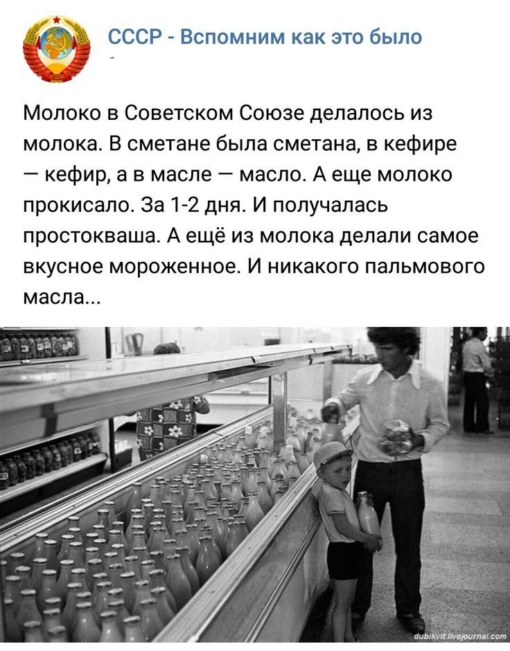 Молоко в Советском Союзе делалось из молока. В сметане была смета, в кефире — кефир, а в масле — масло. А еще молоко прокисало. За 1-2 дня. И получалась простокваша. А ещё из молока делали самое вкусное молочное мороженное. И никакого пальмового масла...