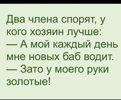 Два члена спорят, у кого хозяин лучше:
— А мой каждый день мне новых баб водит.
— Зато у моего руки золотые!