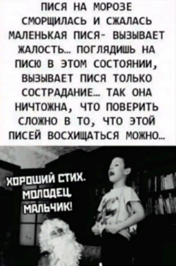 ПИСЯ НА МОРОЗЕ СМОРЩИЛАСЬ И СЖАЛАСЬ МАЛЕНЬКAЯ ПИСЯ- ВЫЗЫВАЕТ ЖАЛОСТЬ... ПОГЛЯДИШЬ НА ПИСЮ В ЭТОМ СОСТОЯНИИ, ВЫЗЫВАЕТ ПИСЯ ТОЛЬКО СОСТРАДАНИЕ... ТАК ОНА НИЧТОЖНА, ЧТО ПОВЕРИТЬ СЛОЖНО В ТО, ЧТО ЭТОЙ ПИСЕЙ ВОСХИЩАТЬСЯ МОЖНО...