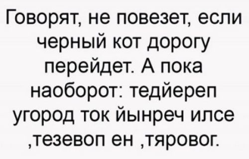 Говорят, не повезет, если черный кот дорогу перейдет. А пока наоборот: тедйьереп угород ток йынреч илсе ,тезевоп ен ,тыргов.