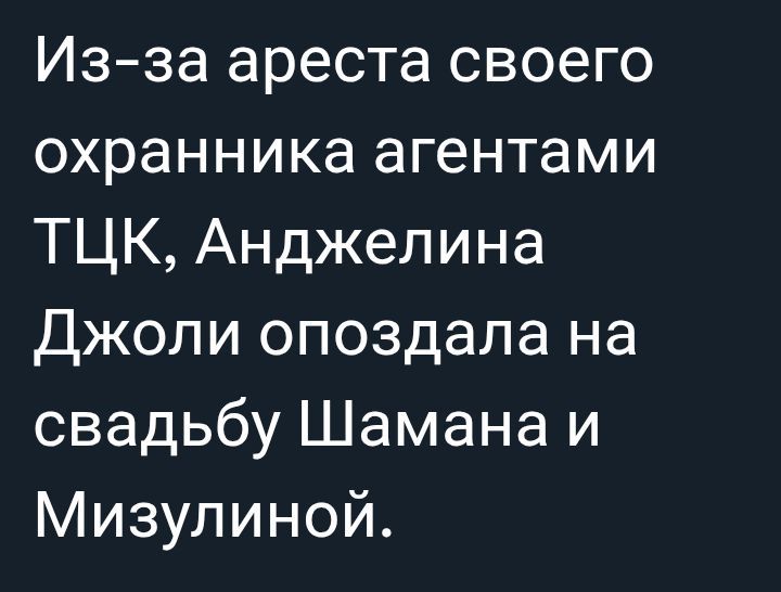 Из-за ареста своего охранника агентами ТЦК, Анджелина Джоли опоздала на свадьбу Шамана и Мизулиной.