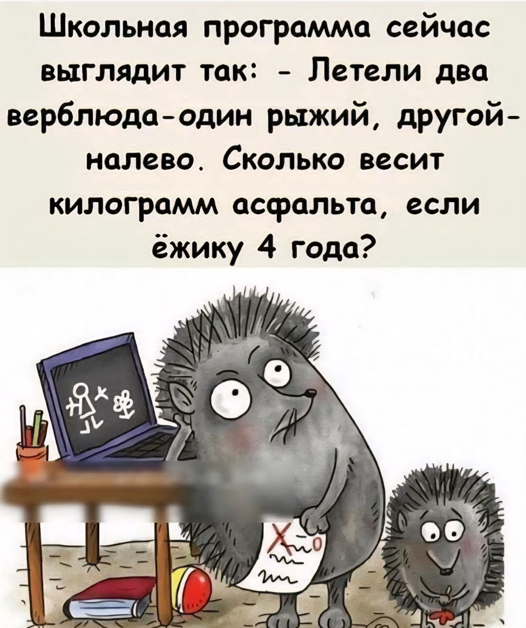 Школьная программа сейчас выглядит так: - Летели два верблюда — один рыжий, другой налево. Сколько весит килограмм асфальта, если ёжик 4 года?