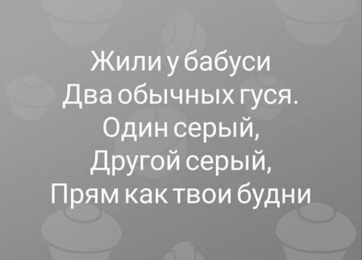Жили у бабуси
Два обычных гуся.
Один серый,
Другой серый,
Прям как твои будни