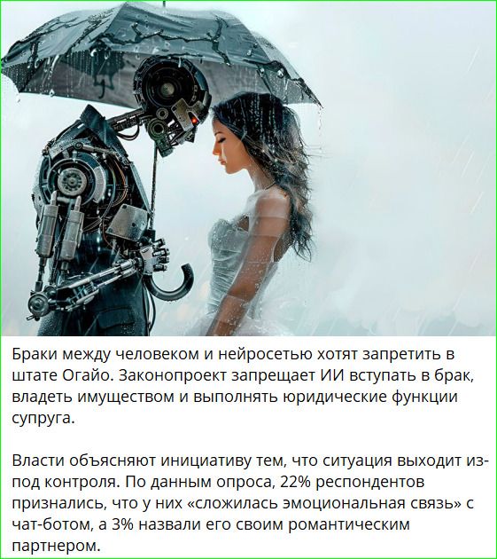 Браки между человеком и нейросетью хотят запретить в штате Огайо. Законопроект запрещает вступать в брак, владеть имуществом и выполнять юридические функции супруга.

Власти объясняют инициативу тем, что ситуация выходит из-под контроля. По данным опроса, 72% респондентов признались, что у них «сложилась эмоциональная связь» с чат-ботом, а 3% назва