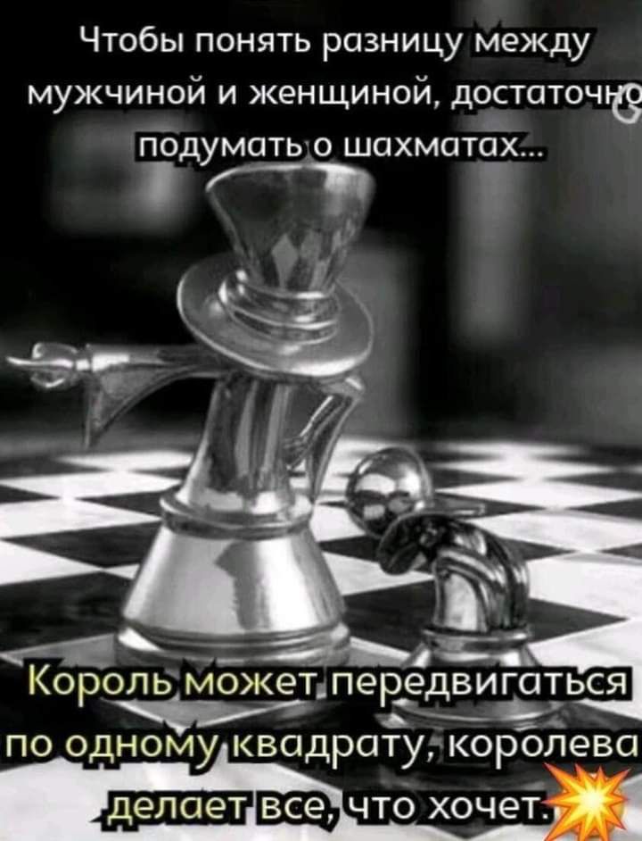 Чтобы понять разницу между мужчиной и женщиной, достаточно подумать о шахматах... Король может передвигаться по одному квадрату, королева делает всё, что хочет.